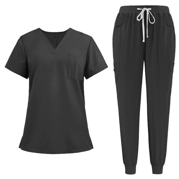 MLQIDK Scrubs for Women Plus Size Nurse Uniforms Petite V Neck Scrub Pants and Tops Medical Scrubs Scrub Sets with Pockets Black S