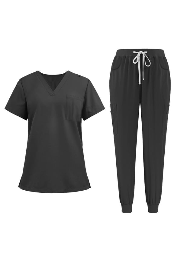 Scrubs for Women Plus Size Nurse Uniforms Petite V Neck Scrub Pants and Tops Medical Scrubs Scrub Sets with Pockets Black S