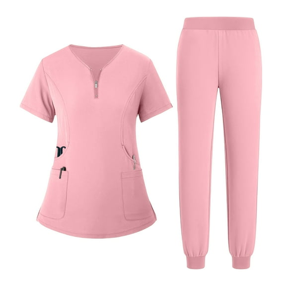 MLQIDK Scrubs for Women Plus Size Nursing Top Petite V Neck Scrub Tops and Pants Scrub Sets Medical Uniforms with Pockets Pink S