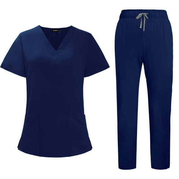 MLQIDK Scrubs for Women Plus Size Scrub Sets Petite V-Neck Yoga Scrub Pants and Tops Medical Uniforms Nurse Uniforms Jogger Scrubs Navy S