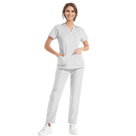 MLQIDK Scrubs for Women Plus Size Scrubs Stretchy V-Neck Scrub Pants and Tops Medical Scrubs Nurse Uniforms with Pockets White L