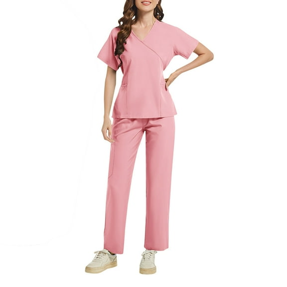 MLQIDK Scrubs for Women Set Clearance Plus Size Medical Scrub Sets Petite V Neck Scrub Pants and Tops Nursing Top Scrubs with Pockets Pink L