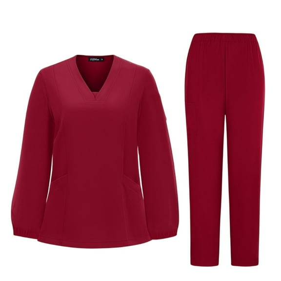 MLQIDK Scrubs for Women Set Plus Size Jogger Scrubs Petite V Neck Scrub Tops and Pants Nursing Top Medical Scrub Sets with Pockets Wine M