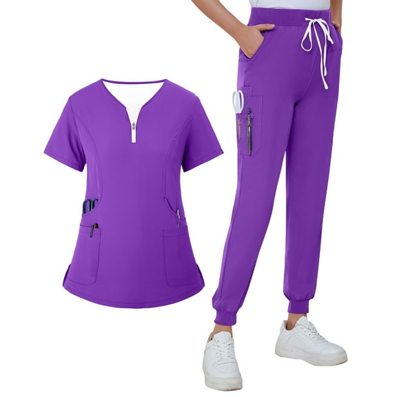 MLQIDK Scrubs for Women Set Plus Size Nurse Uniforms Stretchy V-Neck Scrub Tops and Pants Scrub Set Medical Scrub Sets Tall Scrubs Sets Purple M