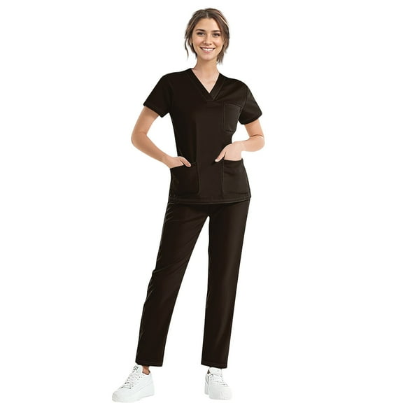 MLQIDK Scrubs for Women Set Plus Size Nursing Uniforms Stretchy V Neck Scrub Tops and Pants Medical Scrubs Scrub Joggers with Pockets Coffee M