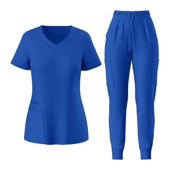 MLQIDK Scrubs for Women Set Plus Size Scrubs Stretchy V Neck Scrub Tops and Pants Medical Scrubs Nurse Uniforms Jogger Scrubs Royal Blue XL