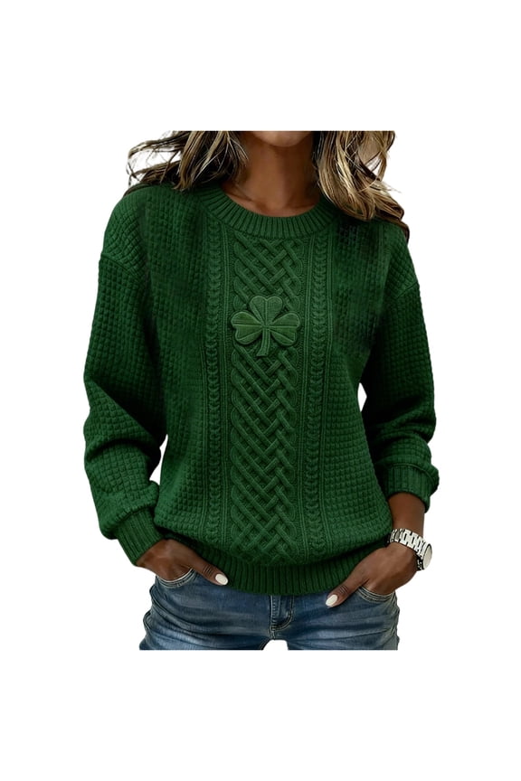 Sláinte Shamrock Printed Shamrock Mock Sweater Women's Crewneck Long Sleeve Pullover St Patrick's Day Novelty Athletic Top Dark Green L
