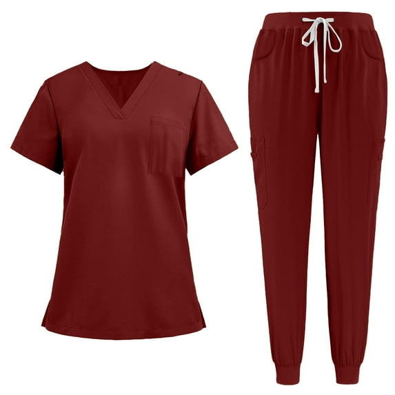 MLQIDK Wine Scrubs Sets for Women Plus Size Nursing Top Petite V-Neck Scrub Tops and Pants Medical Scrub Sets Scrubs Tall Scrubs Sets Wine M