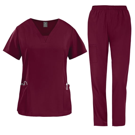 MLQIDK Wine Scrubs Sets for Women Plus Size Nursing Uniforms Petite V-Neck Scrub Pants and Tops Medical Uniforms Scrub Set Jogger Scrubs Wine M
