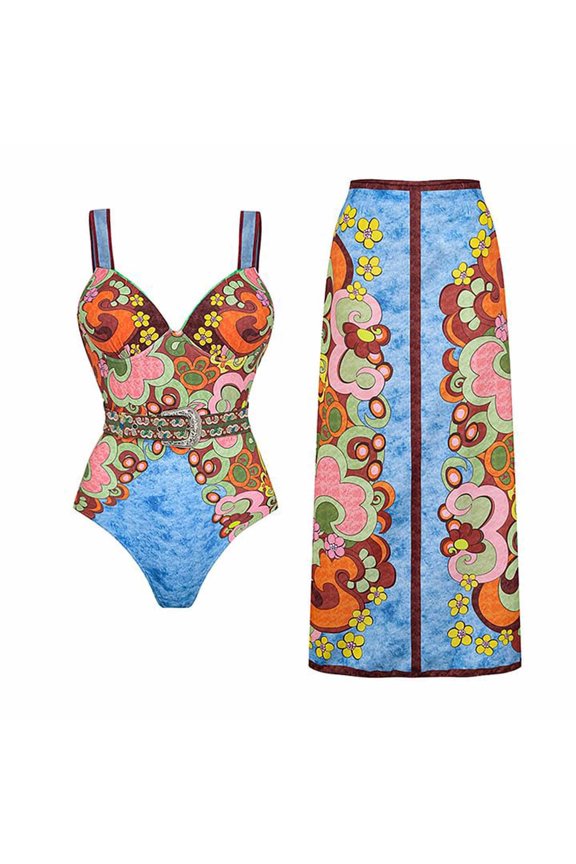 Women Floral Print Slimming One Piece Swimsuit with Waist Defining Belt Tummy Control Ruched Design Full Coverage Bathing Suit Blue S
