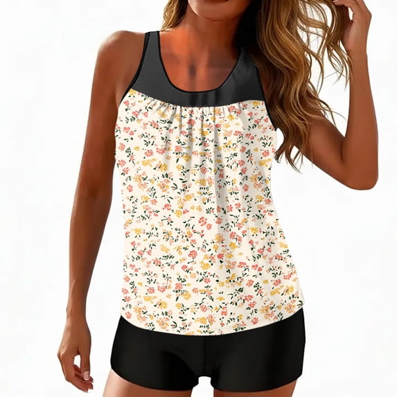MLQIDK Women Floral Print Tankini Set High Waisted Bikini Top With Crisscross Back Tummy Control Bottom Vintage Swimwear Yellow XL