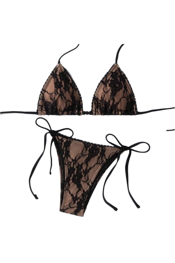 Women Lace Beaded Tie Back Bikini Set High Waisted Tummy Control Swimsuit Crisscross Back Solid Color Beach Vacation Bathing Suit Black M