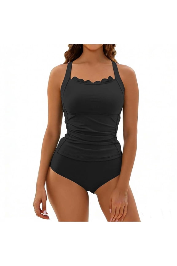 Women One Piece Swimsuit Tummy Control Square Neck Ruched Full Coverage Modest Swimwear Bathing Suit Push Up With Padded Bust Black M