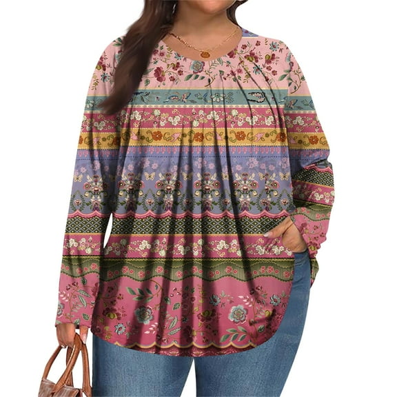 TQWQT Women Plus Size Tops Dressy Fall V Neck Tshirts Floral Print T-Shirt Long Sleeve Shirts Boho Tops Loose Fit Casual Tunics Blouses Pink 5XL