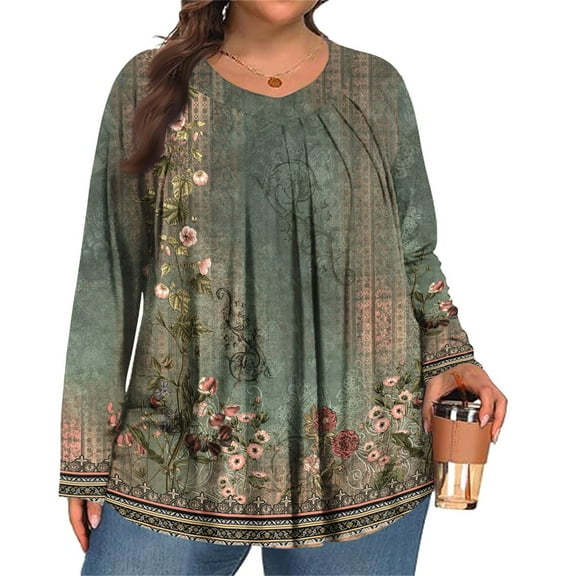 MLQIDK Women Plus Size Tops Pleated Fall V Neck T Shirts Ethnic Floral Graphic T-Shirt Long Sleeve Shirts Boho Tops Dressy Casual Womens Clothing Army Green 5XL