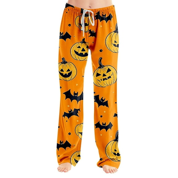 MLQIDK Women Pumpkin Bat Ghost Print Pajama Plus Size Fall Pajamas Elastic Waist Halloween Loose fit Pajama Pants Funny Drawstring Pajamas Fall Pjs