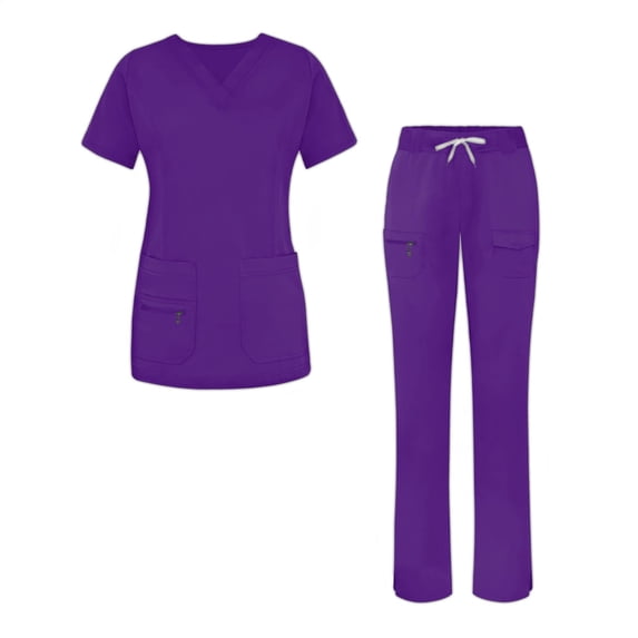 MLQIDK Women Scrubs Sets Plus Size Jogger Scrubs Petite V-Neck Scrub Pants and Tops Medical Scrubs Nursing Scrubs with Pockets Dark Purple M