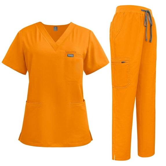 MLQIDK Women Scrubs Sets Plus Size Jogger Scrubs Stretchy V Neck Yoga Scrub Pants and Tops Nursing Uniforms Medical Scrub Sets with Pockets Orange L