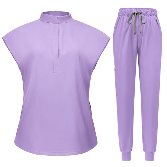 MLQIDK Women Scrubs Sets Plus Size Medical Scrubs Stretchy V Neck Scrub Tops and Pants Jogger Scrubs Nursing Uniforms Tall Scrubs Sets Light Purple S