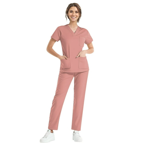 MLQIDK Women Scrubs Sets Plus Size Medical Uniforms Petite V-Neck Scrub Pants and Tops Scrub Joggers Nursing Uniforms Clothing Set for Women Pink L