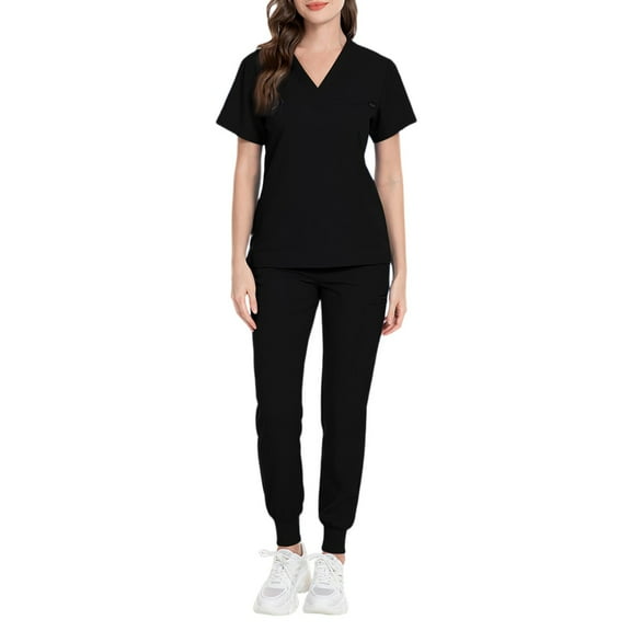 MLQIDK Women Scrubs Sets Plus Size Nurse Uniforms Petite V-Neck Scrub Pants and Tops Medical Scrub Sets Scrub Set Tall Scrubs Sets Black XS