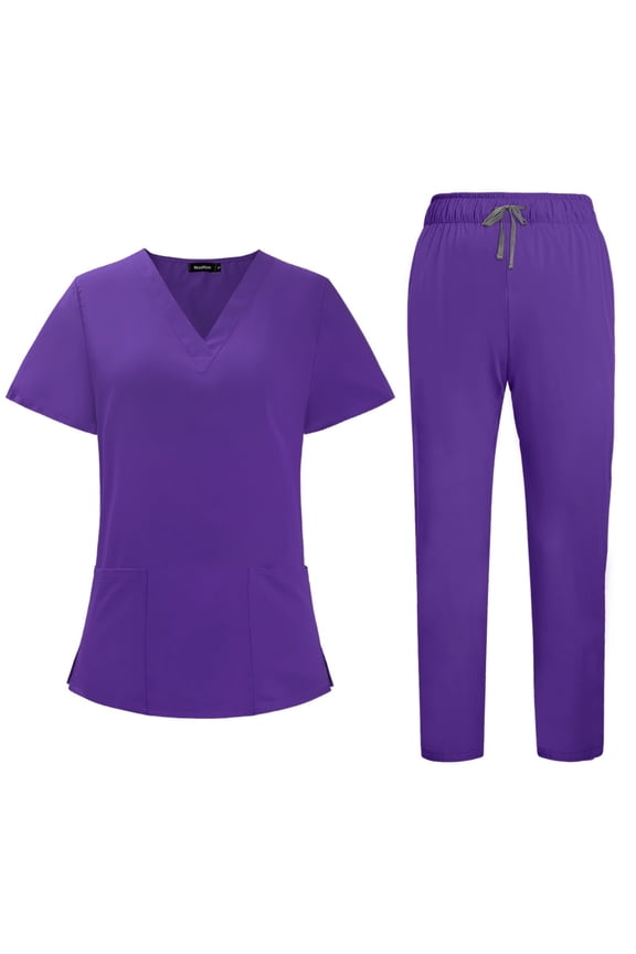 Women Scrubs Sets Plus Size Nurse Uniforms Petite V Neck Scrub Pants and Tops Medical Uniforms Scrubs with Pockets Purple L