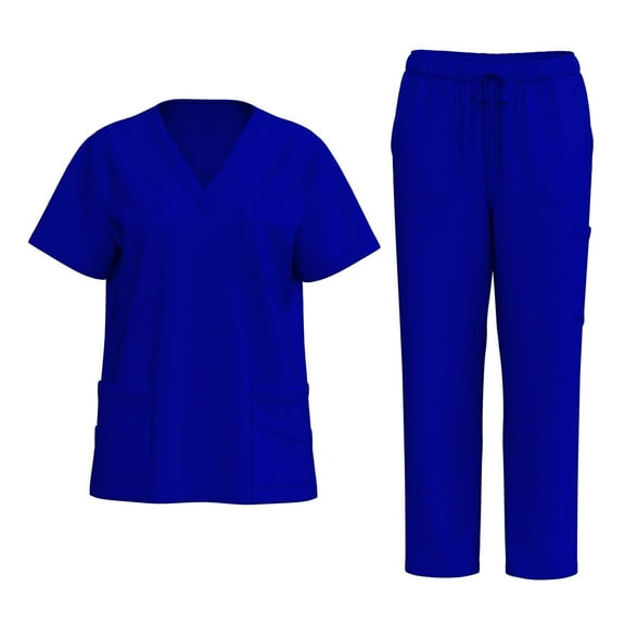 MLQIDK Women Scrubs Sets Plus Size Nurse Uniforms Stretchy V Neck Scrub Tops and Pants Medical Scrubs Med Couture Scrubs Royal Blue S