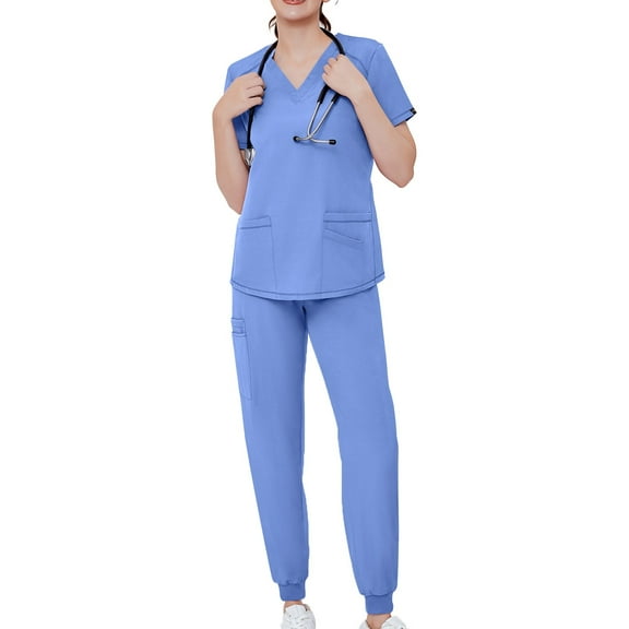 MLQIDK Women Scrubs Sets Plus Size Nursing Scrubs Stretchy V-Neck Scrub Tops and Pants Medical Uniforms Scrub Sets with Pockets Light Blue XXL