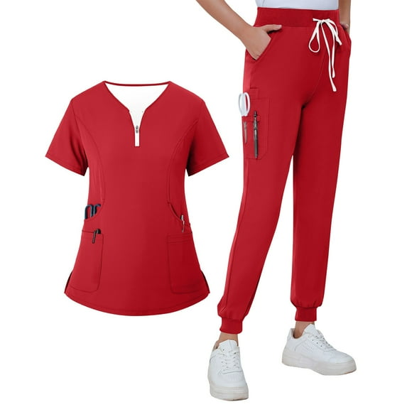 MLQIDK Women Scrubs Sets Plus Size Scrub Joggers Stretchy V-Neck Yoga Scrub Pants and Tops Medical Scrub Sets Nursing Scrubs with Pockets Red XXL
