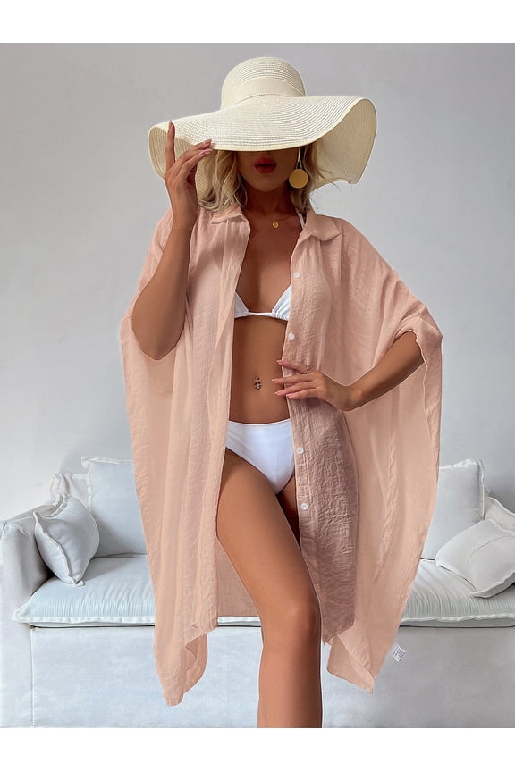 Women's Bamboo Cotton Shirtdress Beach Cover Up Loose Kimono Swimwear Sun Protection Bikini Cover-Up Vacation Outerwear 2026 Pink One Size