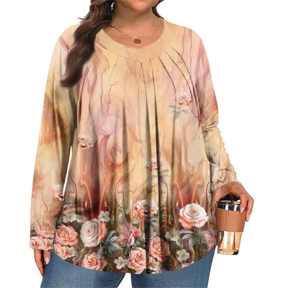 MLQIDK Women's Plus Size Tops Dressy Fall V Neck Tunic Shirts Ethnic Floral Print T-Shirt Long Sleeve Shirts Boho Tops Dressy Casual Womens Clothing Complexion XL