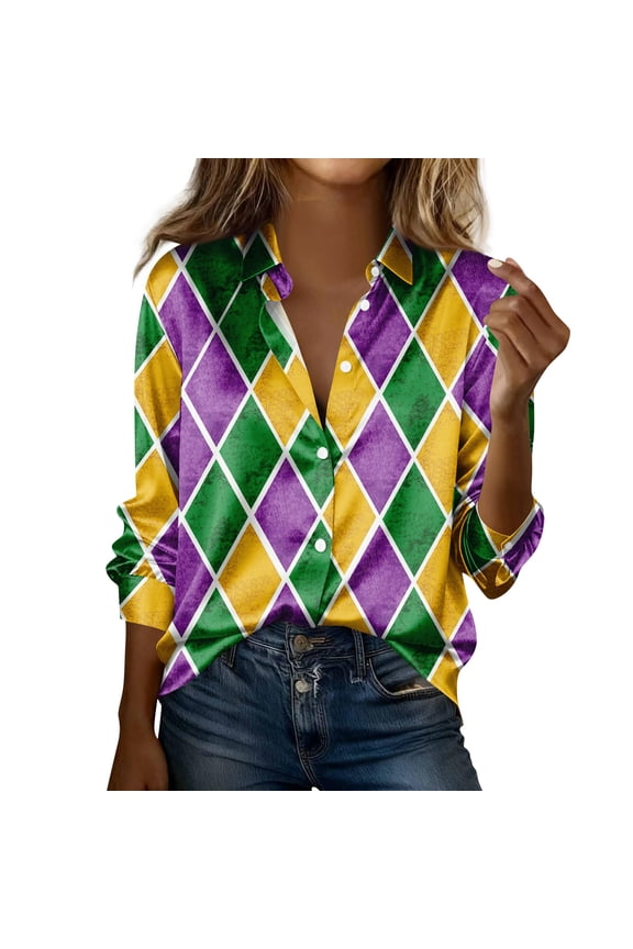 Women's Printed Button Down Long Sleeve Shirt Carnival Pattern Casual Blouse with Front Buttons and Relaxed Fit Green 2XL
