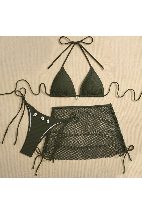 Women's Solid Color Bikini Set Three Piece Swimwear with Tie Straps High Waisted Bottoms Adjustable Halter Top Beach Swim Suit 2026 Dark Green M