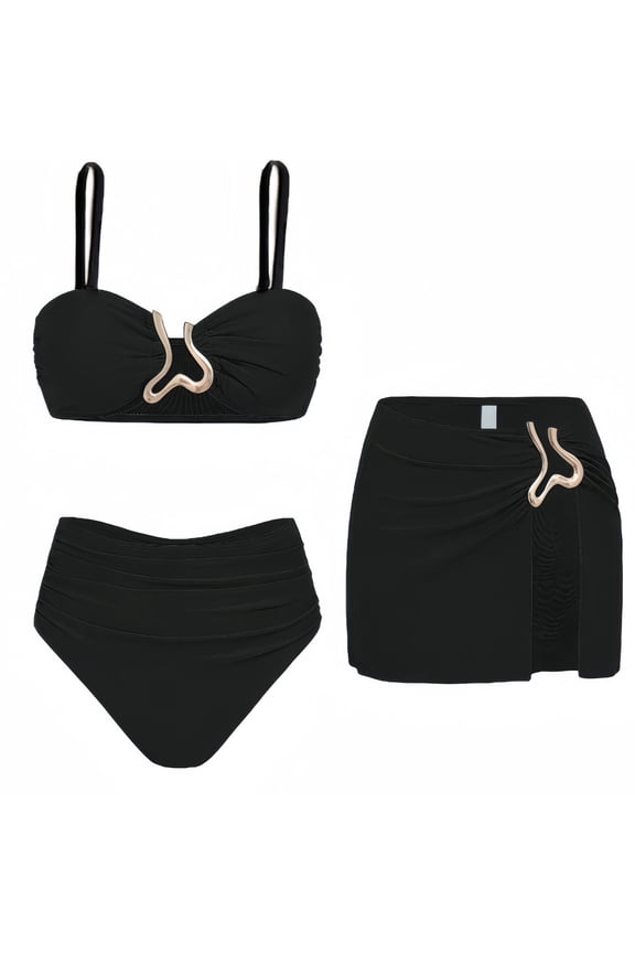 Women's Solid Color Three Piece Bikini Set High Waisted Swimwear Push Up Top Adjustable Straps Tummy Control Bathing Suit 2026 Black M