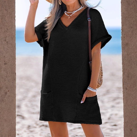 MLQIDK Women's V Neck Pocket Knit Swim Dress Casual Solid Color Beach Cover Up Bathing Suit Modest Long Sleeve Swimwear 2026 Plus Size Black 2XL