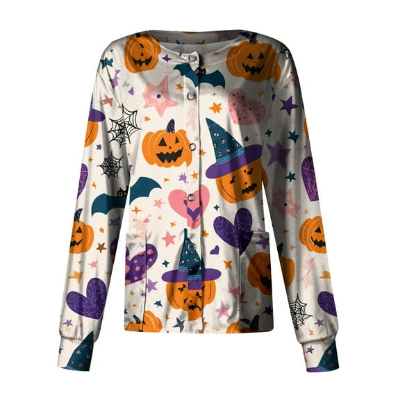 MLQIDK Womens Halloween Scrub Jacket Crew Neck Long Sleeve Snap Front Nursing Uniforms Pumpkin Ghost Bat Print Working Stretchy Nurse Jacket Complexion S