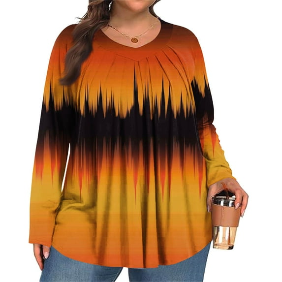 TQWQT Womens Plus Size Fall Tops 2025 Pleated Long Sleeve Shirts Boho Tops Ethnic Floral Graphic T-Shirt V Neck T Shirts Dressy Casual Trendy Tunics Saffron 3XL