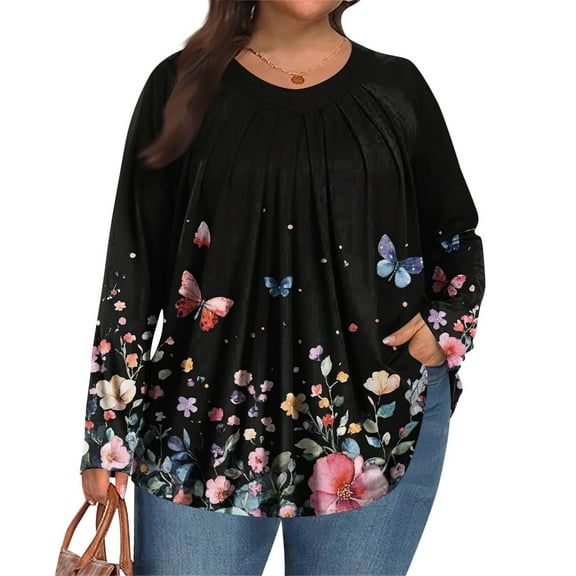 MLQIDK Womens Plus Size Tops 4x-5x Pleated V Neck Tunic Shirts Floral Graphic Tees Long Sleeve Shirts Boho Tops Loose Fit Casual Trendy Tunics Pink XL