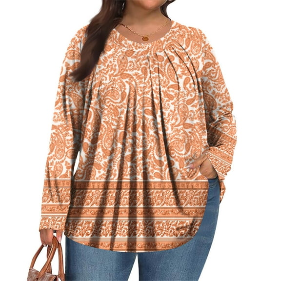 TQWQT Womens Plus Size Tops Pleated Fall Long Sleeve Shirts Boho Tops Floral Graphic T-Shirt V Neck Shirts Loose Fit Casual Womens Clothing Orange 2XL