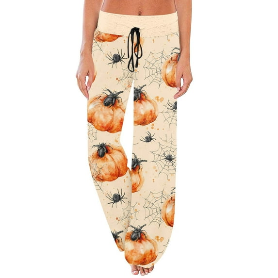 MLQIDK Womens Pumpkin Bat Ghost Print Pajama Pants Plus Size Lounge Pumpkin Pajamas Drawstring Elastic Waist Loose fit Fall Pjs Halloween Sleepwear