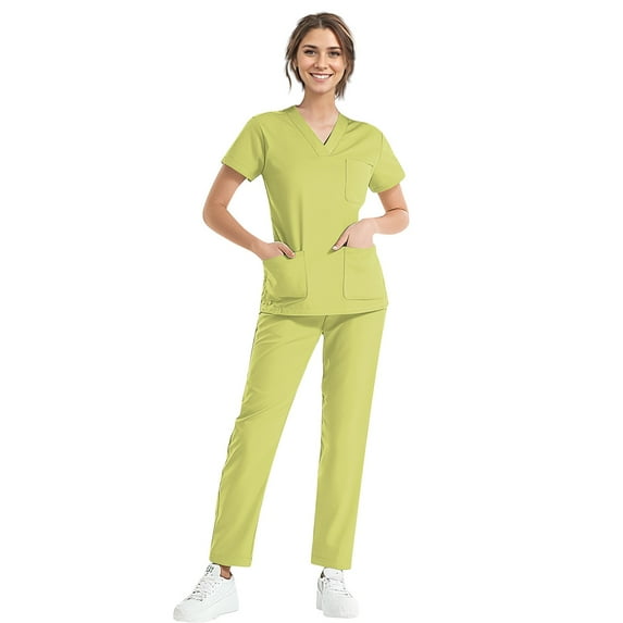 MLQIDK Womens Scrub Sets Plus Size Jogger Scrubs Stretchy V-Neck Yoga Scrub Pants and Tops Medical Scrubs Nurse Uniforms with Pockets Light Green L