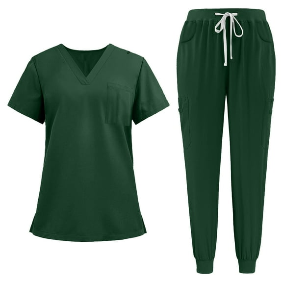 MLQIDK Womens Scrub Sets Plus Size Medical Scrub Sets Stretchy V-Neck Scrub Tops and Pants Nursing Top Scrub Joggers with Pockets Dark Green XL
