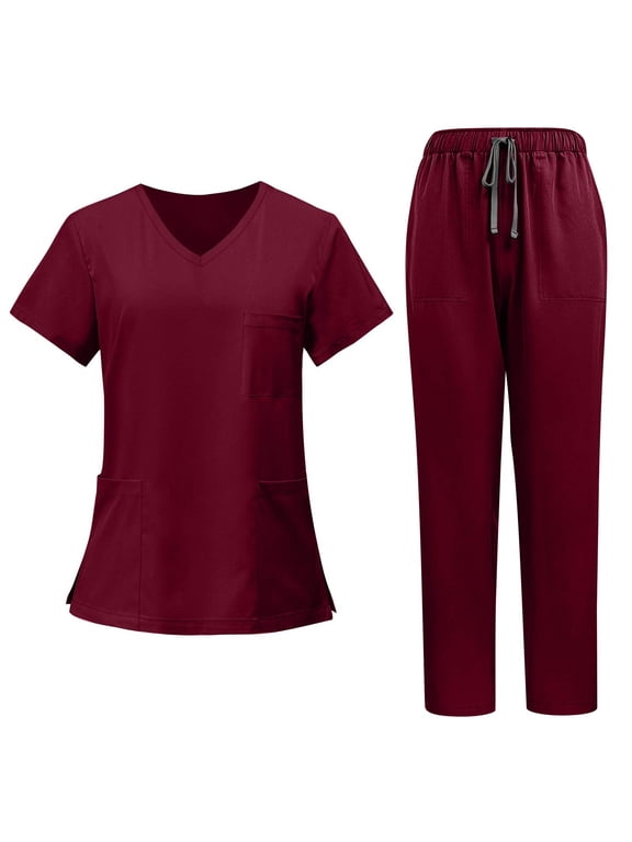 Womens Scrub Sets Plus Size Medical Scrubs Petite V Neck Yoga Scrub Pants and Tops Jogger Scrubs Nursing Uniforms Tall Scrubs Sets Wine M
