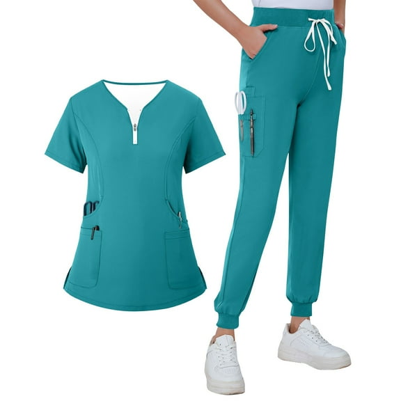 MLQIDK Womens Scrub Sets Plus Size Medical Scrubs Stretchy V Neck Yoga Scrub Pants and Tops Nursing Uniforms Scrub Joggers Uniformes De Enfermeras De Mujer Green XL
