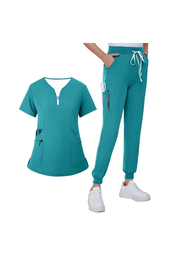 Womens Scrub Sets Plus Size Medical Scrubs Stretchy V Neck Yoga Scrub Pants and Tops Nursing Uniforms Scrub Joggers Uniformes De Enfermeras De Mujer Green XL