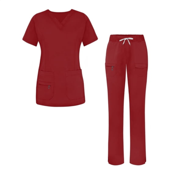 MLQIDK Womens Scrub Sets Plus Size Nursing Top Petite V Neck Scrub Tops and Pants Scrub Sets Medical Uniforms Uniformes De Enfermeras De Mujer Wine S