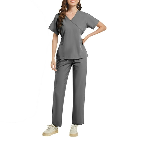 MLQIDK Womens Scrub Sets Plus Size Nursing Top Petite V-Neck Yoga Scrub Pants and Tops Medical Scrubs Tall Scrubs Gray M