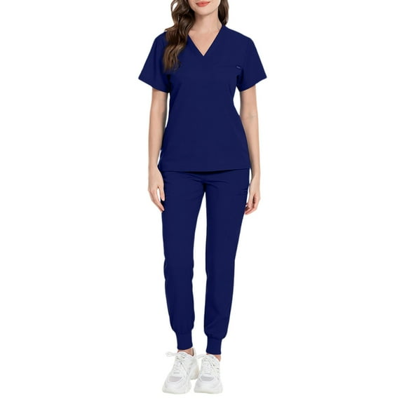 MLQIDK Womens Scrub Sets Plus Size Scrub Joggers Petite V Neck Scrub Tops and Pants Nurse Uniforms Medical Scrub Sets with Pockets Navy XL