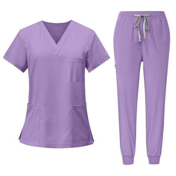MLQIDK Womens Scrub Sets Plus Size Scrub Set Stretchy V Neck Scrub Tops and Pants Medical Scrubs Nurse Uniforms Med Couture Scrubs Light Purple XXL