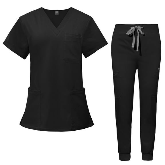 MLQIDK Womens Scrub Sets Plus Size Scrubs Petite V-Neck Scrub Pants and Tops Medical Scrub Sets Nurse Uniforms with Pockets Black XXL